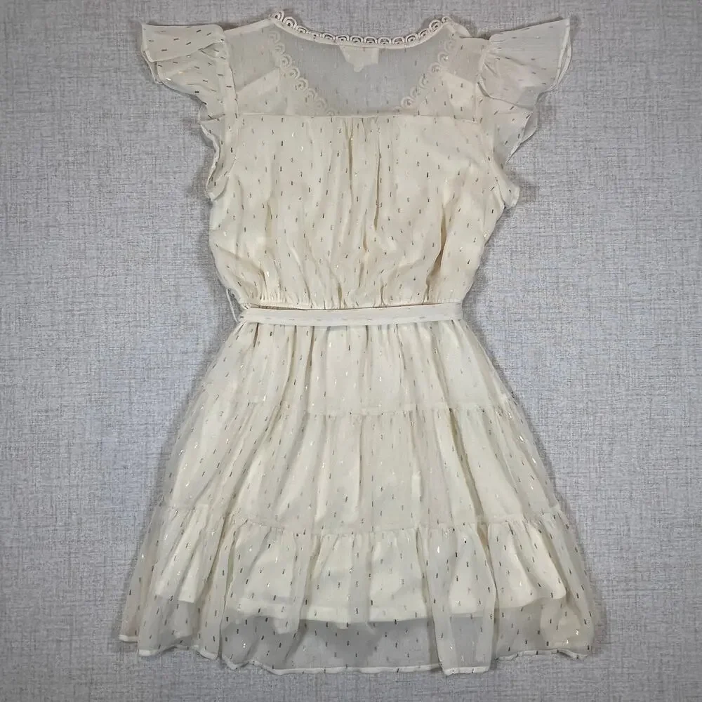 Sweet Wanderer Boho Midi Dress Cream Ruffle Sleeve Tie Waist Gold Size L - Picture 3 of 8